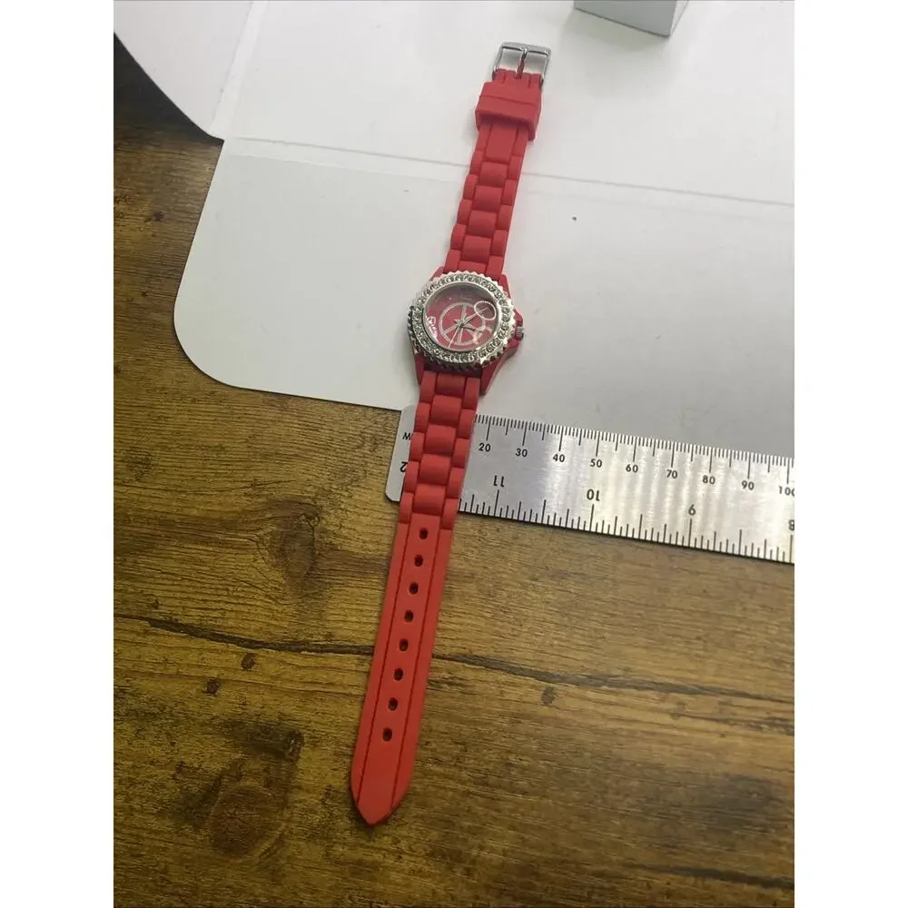 Geneva Red Rhinestone Watch Works New Battery Womens